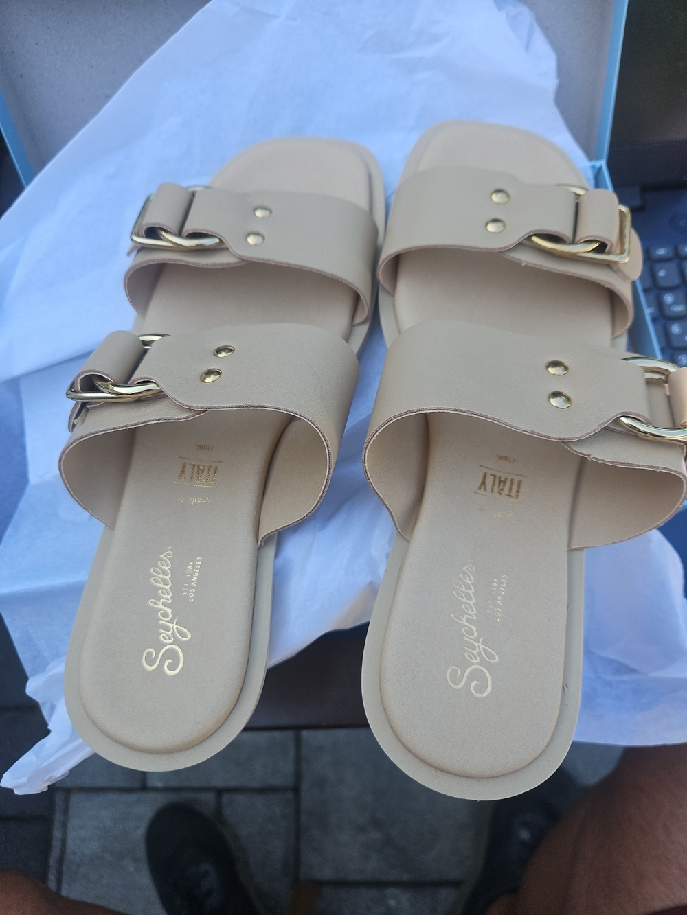 NEW IN BOX! Seychelles Neutral Beige Gold-Accent Slide Sandals